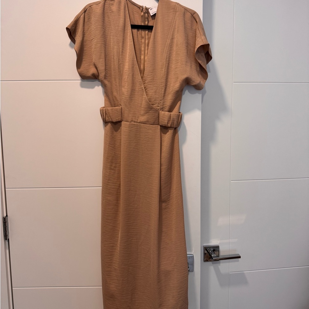ASOS Tan V-Neck Belted Midi Dress